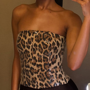 <span class=keywords><strong>Haut</strong></span> court d'été sexy et tendance pour <span class=keywords><strong>femme</strong></span>, à épaules dénudées, avec sequins, taille haute, fermeture éclair, sans manches, amincissant, idéal pour les soirées et cocktails - Product Image 3