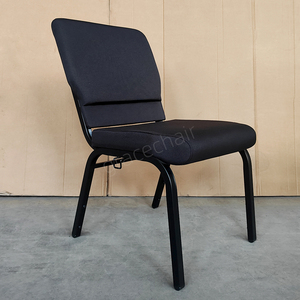 Chaise d'église en tissu noir avec dossier rembourré et structure en métal noir robuste pour auditorium, salle de conférence, lieu de culte - Product Image 5