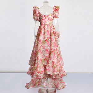Robe pour femme de style royal, nouvelle collection été, col carré, bretelles, <span class=keywords><strong>jupe</strong></span> ample, imprimé fruits, traîne - Product Image 1