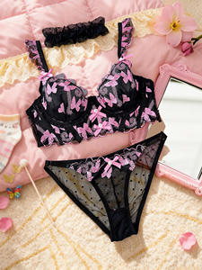 Ensemble de <span class=keywords><strong>lingerie</strong></span> 3 pièces en dentelle noire et rose papillon 2026, léger et respirant, soutien-gorge et culotte, femme <span class=keywords><strong>sexy</strong></span>, romantique, maille intime, taille XL - Product Image 2