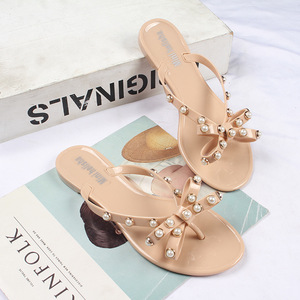 Women Flip-flops Studded Pearls <strong>Bow</strong> <strong>Sandals</strong> Summer Beach Rain Flat Thong Strap Jelly Shoes - Product Image 4