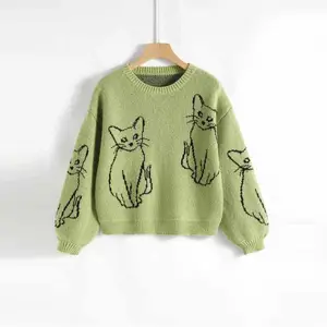 Knitwear Manufacturer Custom Brand Design Cat Embroidery Crewneck Long Sleeve Girls Pullover Cotton Knit Top Women Sweaters