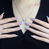 Faux ongles à presser en acrylique, forme amande, bleu nude violet, avec fleurs 3D, strass et ligne métallique argentée, vente en gros pour salons de manucure