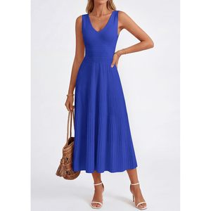 Vestido midi plisado sin mangas con cuello en V para mujer, informal, línea A, tejido, transpirable, para trabajo, cóctel, boda, invitada. - Product Image 2