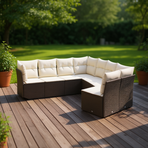 Brown And Cream Outdoor Sofa Set For Patio 7 Seater Rattan <b>Wicker</b> Contemporary Modern <b>Garden</b> <b>Furniture</b> - Product Image 2