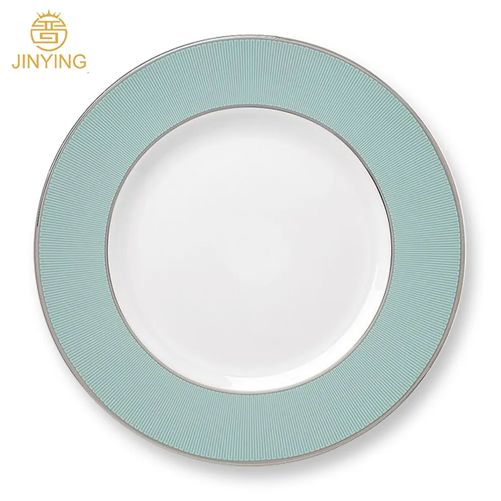 High quality bone china light green strip charger plate ceramic dinner plate for wedding banquet