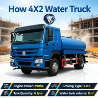 Camion-citerne HOWO 4X2 avec moteur puissant de 290 CV, réservoir de 8 m³, 6 pneus, tout neuf, arroseur d'eau lourd pour le nettoyage des routes et la construction