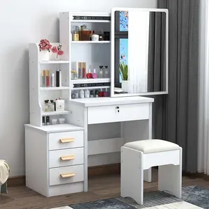 Chambre à coucher avec miroir éclairé Armoire de rangement intégrée Petite table de chevet moderne et minimaliste Coiffeuse de maquillage de luxe blanche