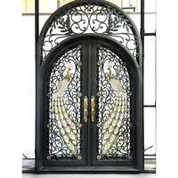 Puerta de Entrada Principal Exterior para Villa, Moderna, con Arco, Doble Acero, Diseño de Pavo Real Dorado, Anti-Robo, Acabado Galvanizado con Recubrimiento en Polvo