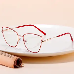 95830热卖女性简约设计师薄框金属防蓝光近视光学眼镜猫眼眼镜定制Logo 2024