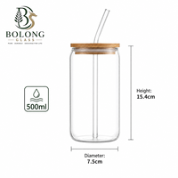 Pot en verre transparent personnalisé avec logo, en forme de canette de 500 ml, couvercle en bambou, paille, esthétique, compatible micro-ondes, pour emballage de café glacé et de boissons