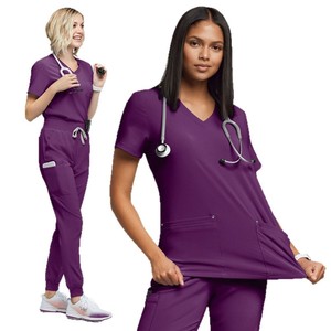 Women Hospital Scrubs Set Moisture Wicking V-Neck Uniforms For Nurses Doctors Rose Red Orange Red Blue Wine Red Dark Purple - Product Image 5