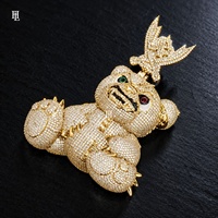Pendentif Ours 3D en Laiton Entièrement Sertie de Zircons Cubiques avec Tête d'Aigle, Breloque Hip Hop Tendance pour Hommes, Collier de Rappeur