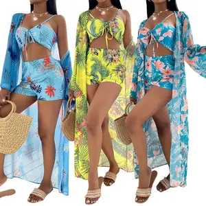 Atacado mulheres roupa de praia maiô de chiffon, atacado mulheres maiô de bain et cache 3 peças biquíni de praia maiô e cobertura