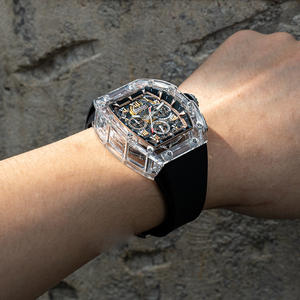 サファイアメンズメカニカルウォッチ、スケルトン化された発光ダイヤル、バレル型ケース、ブラックラバーストラップビジネスウォッチ。 - Product Image 6