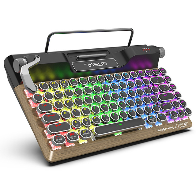 Retro Typewriter Keyboard with RGB Luminous Three Connection Modes Vintage Punk Round Keys Keyboard for Desktop PC/Laptop