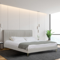 Lit plateforme Queen moderne de luxe de haute qualité, cadre de lit en tissu velours capitonné, tête de lit plissée, lit rembourré
