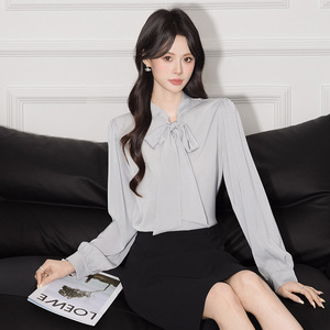 White Long Sleeve Satin Blouse With Bow Tie For Commuting Spring Autumn French Style Women's Shirt Solid Color Polyester Q132 - Product Image 2