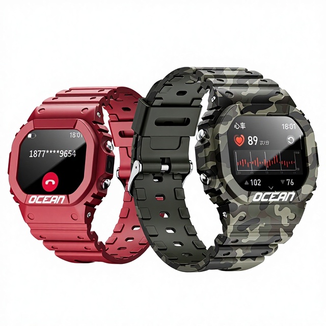 LOKMAT OCEAN Outdoor Sports Smartwatch 175 Touch Screen for Calling Flashlight SOS Compass Silicone Band Camouflage Design