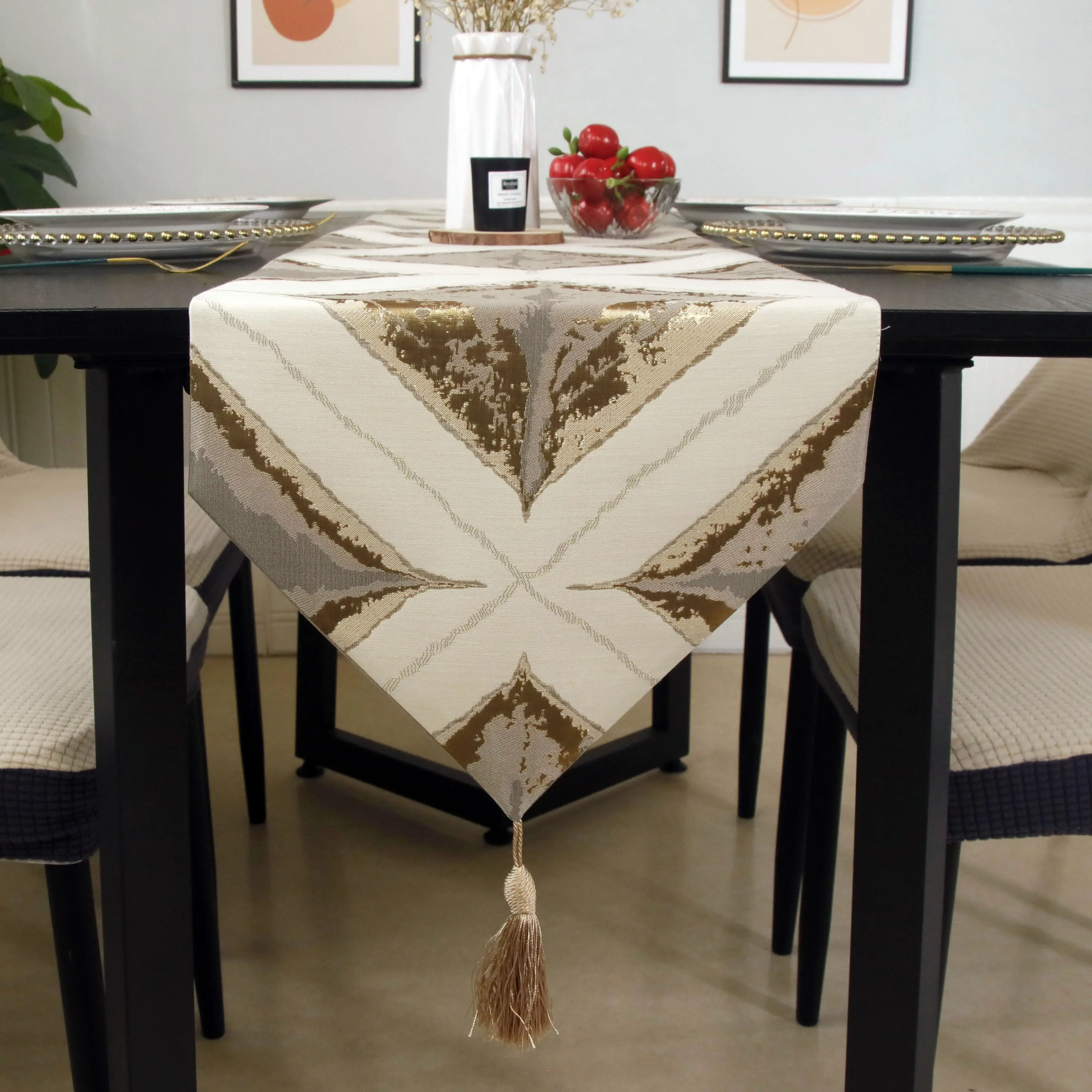 Geométrica jacquard weave tecido de linho tablerunner poliéster cama corredor para o casamento