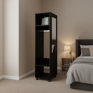 Armario Independiente DB de 63 cm de Alto con 3 Estantes, 1 Espejo y 4 Ruedas, Mueble de Dormitorio Moderno en Color Negro - Product Image 2