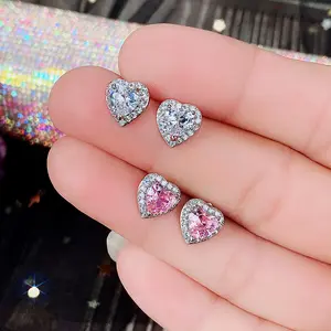 Fashion Jewelry Luxury Bling Cz Love Heart Shape Earring Full Multi Colorful Diamond Earrings Stud For Women Earrings