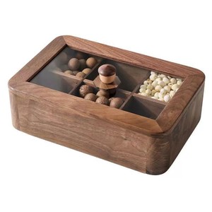 Boîte à fruits secs en bois massif, plateau de rangement multi-compartiments en bois avec couvercle, boîte à noix transparente pour usage domestique - Product Image 2