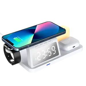 Produsen produk langsung semua dalam satu lampu LED pengisian daya nirkabel berdiri dengan jam untuk ponsel Airpods Iwatch