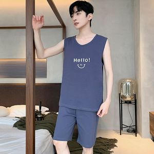 Verano nuevo Pijama de algodón para hombre Chaleco con estampado de dibujos animados conjunto de pantalones cortos grises moda Casual guapo fresco cómodo <span class=keywords><strong>pijamas</strong></span> de alta calidad - Product Image 5