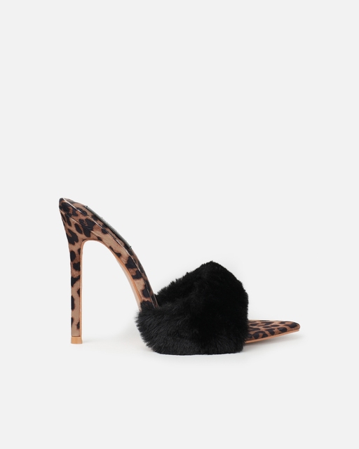 Womens Summer New Sexy High Heel Mules Black Leopard Stiletto Heeled Sandals Shoes Faux Fur Fluffy Decoration Pointed Slippers
