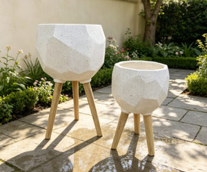 Pot de fleurs en béton géométrique moderne avec pieds en bois, jardinière d'intérieur pour plantes vertes, design minimaliste, lot de 2 - Product Image 4
