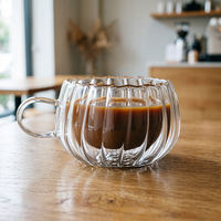 Tasse à café en verre à double paroi en forme de citrouille, mug en verre à rayures verticales avec poignée pour thé, latte, cappuccino