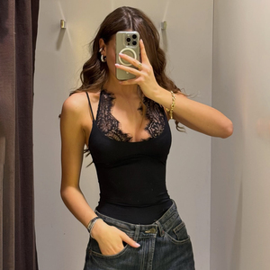 Body Femme Sexy Dos Nu en Dentelle Patchwork Couleur Unie Anti-Plis Doux à Nouer au Cou Printemps-Été Nouvelle Collection Glamour - Product Image 2