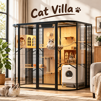 Villa pour chat de luxe avec panneau transparent incurvé robuste, espace d'activités multi-niveaux, grande enclos pour chats d'intérieur