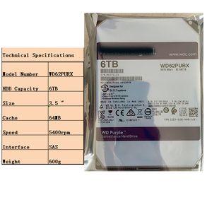 WD62PURX 6TB HDD Purple, Disco Rigido SATA 6Gb/s 5400RPM, Cache 64GB, Affidabilità 24/7, Modello Interno per Desktop, DVR, CCTV e Backup - Product Image 1
