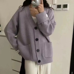 Cardigan en tricot pour femme, blanc cassé, coupe ample, couleur unie, style coréen, manches longues, chaud et confortable, pour l'automne et l'hiver - Product Image 3