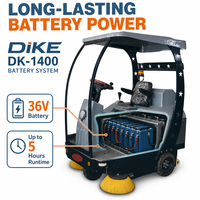 Balayeuse industrielle DIKE Ride, largeur de balayage 1400 mm, capacité de franchissement de pente 35 %, 48 V, pour usine, parc, parking, personnalisation du logo possible