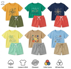 ชุดเสื้อผ้าเด็กผู้ชายและเด็กผู้หญิงสำหรับฤดูร้อน ขายส่ง ชุด 2 ชิ้น เสื้อคอกลมแขนสั้นและกางเกงขาสั้น ลายผสม สำหรับเด็กอายุ 3-6 ปี - Product Image 2