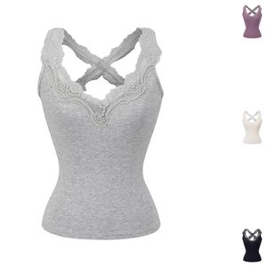Top de Tirantes Anchos para Mujer, Elegante, con Doble Escote en V, Ribete de Encaje de Pestañas, Almohadillas de Sujetador Incorporadas, de Algodón Suave como una Nube - Product Image 1