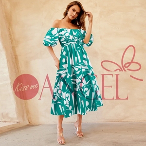 KISS ME ANGEL été sexy une épaule manches bouffantes <span class=keywords><strong>fleur</strong></span> imprimé mode décontractée grande balançoire tempérament sexy femmes <span class=keywords><strong>robe</strong></span> - Product Image 2