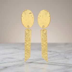 Hammered Gold Oval Stud Textured Long <b>Bar</b> Drop Earrings Tribal Engraved Ribbon Design Brass 18K Gold Plated Wedding/Party - Product Image 2
