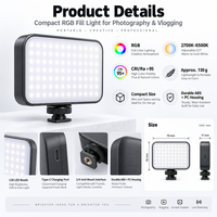 Lampe vidéo LED de poche RGB rechargeable et portable avec USB-C, température de couleur réglable pour le vlogging et le streaming en direct