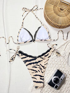 Conjunto de Bikini de Dos Piezas para Mujer con Logotipo Personalizado OEM al por Mayor, Estampado de Cebra, Halter Triangular, Traje de Baño con Tanga - Product Image 6