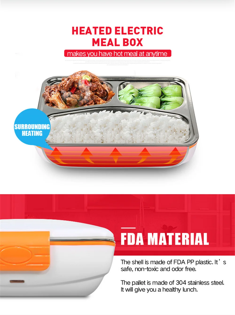 Electric Heating Lunch Box 1L With Spoon Fork Eu Plug Stainless Steel Bento Box 3 Compartments Food Container Lunchbox