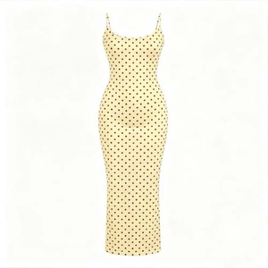 Elegante <span class=keywords><strong>Abito</strong></span> <span class=keywords><strong>Midi</strong></span> <span class=keywords><strong>Giallo</strong></span> a Pois con Spalline Sottili e Scollo a U per Donna, Estivo, Casual, da Spiaggia, per Feste, Personalizzabile, Vendita all'Ingrosso - Product Image 4