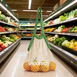 Sacs réutilisables en filet de coton de qualité supérieure avec logo personnalisé, poignées longues, pour courses, fruits et légumes - Product Image 4