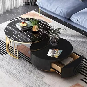 럭셔리 블랙 화이트 라운드 컨버터블 커피 테이블 거실 티타늄 골드 센터 테이블 디자인 서랍 현대