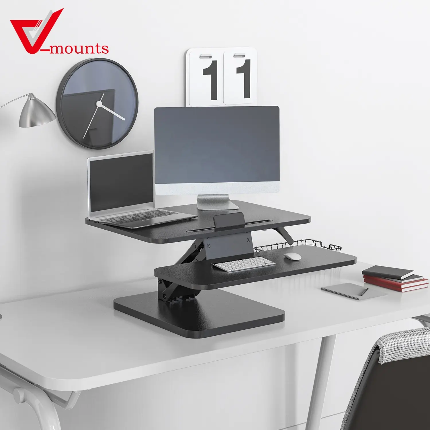V-mounts-Convertidor de escritorio para muebles de hogar/oficina, ajuste manual con bandeja de teclado y diseño de ranura para bolígrafo