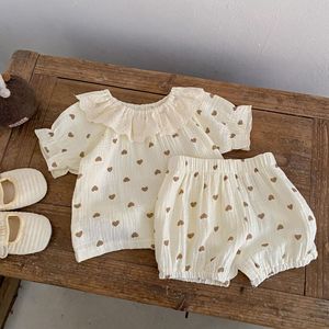 Nuovo Set Estivo 2026 per Bambine: Top in Cotone con Stampa Cuori e Colletto in Pizzo + Pantaloncini, <span class=keywords><strong>Completo</strong></span> Due Pezzi a Maniche Corte - Product Image 4