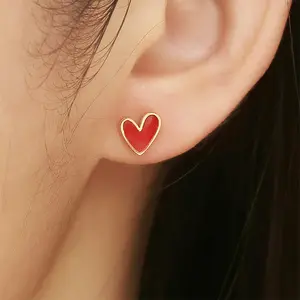 Custom Women Creative Stainless Steel Oil Droplet Love Red Stud Earrings Tiny Heart Earrings